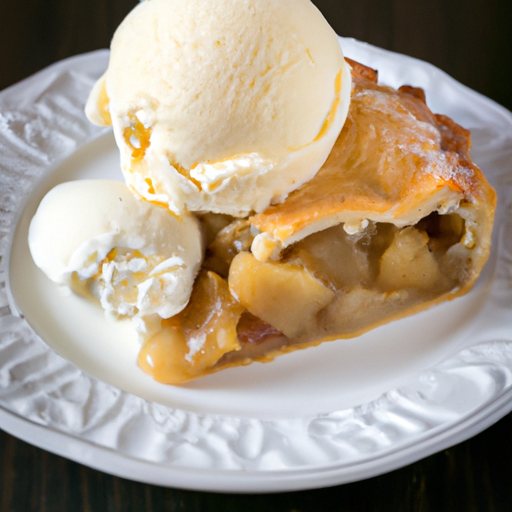 A slice of crockpot apple pie served on a plate with a scoop of vanilla ice cream.