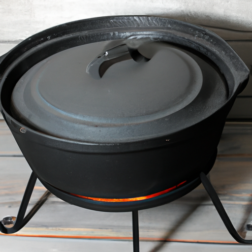 A seasoned cast iron Dutch oven ready for cooking, with a rustic and sturdy appearance.