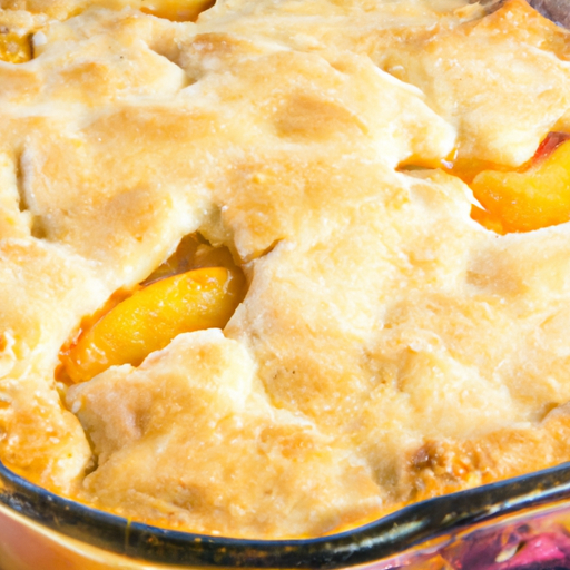 A freshly baked peach cobbler with a golden crust and bubbling fruit filling